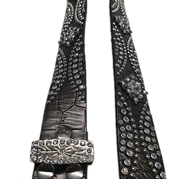 Western Rhinestone Belt Dark Brown Croc Leather Silver Floral Buckle Bling 38\